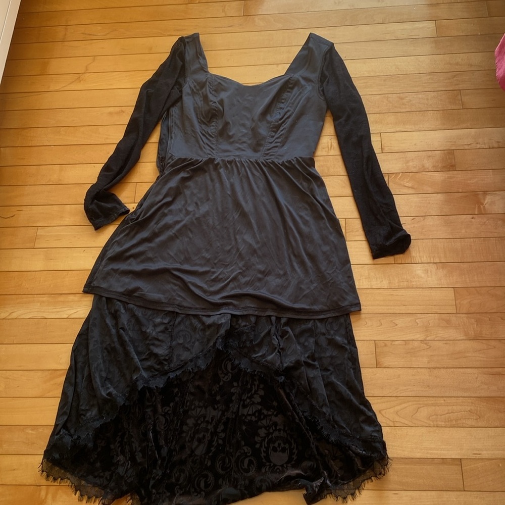 Black Lace High-Low Black Velvet Corset Midi Goth Dress Size 11 - Picture 14 of 17